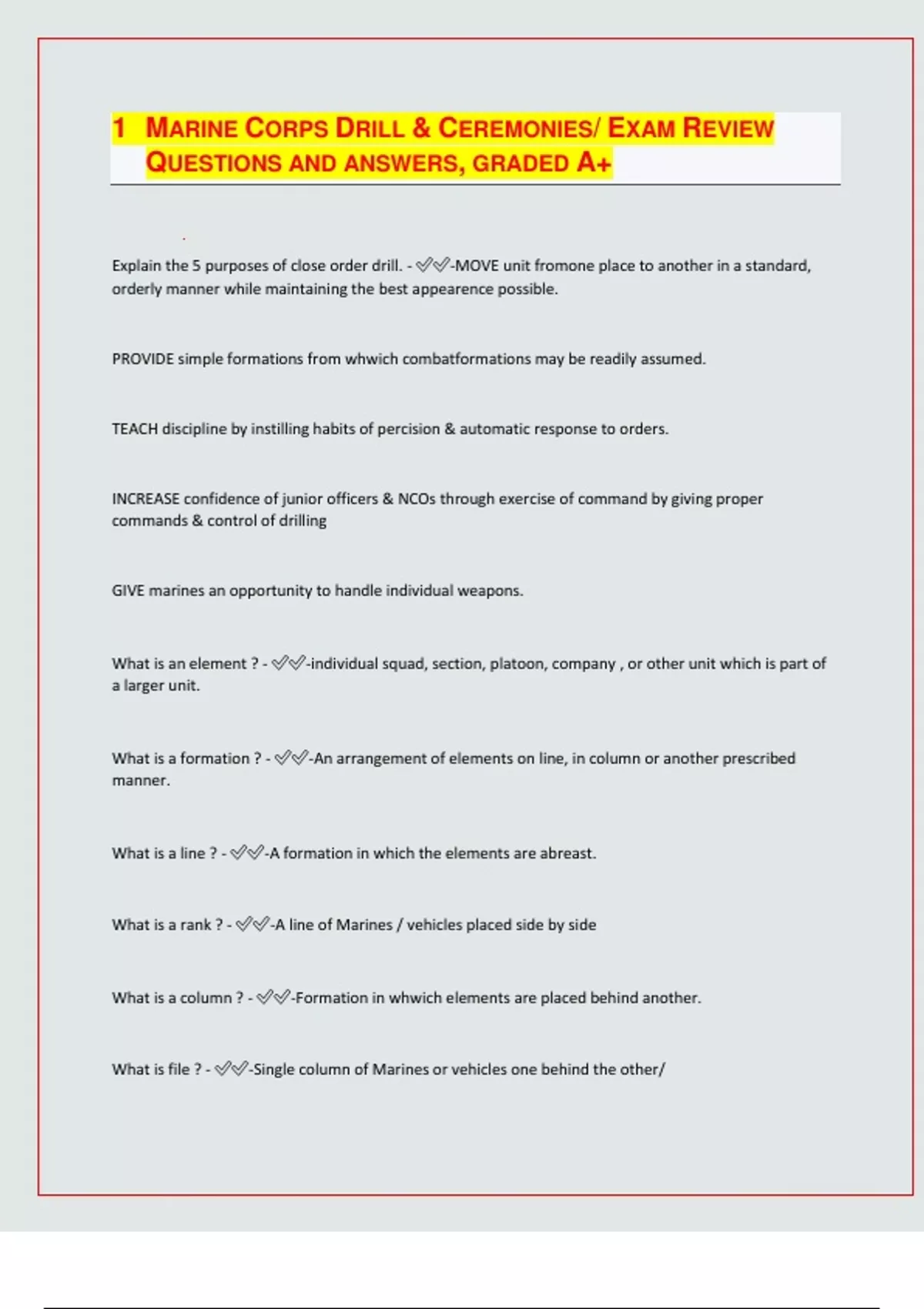 MARINE CORPS DRILL & CEREMONIES/ EXAM REVIEW QUESTIONS AND ANSWERS ...