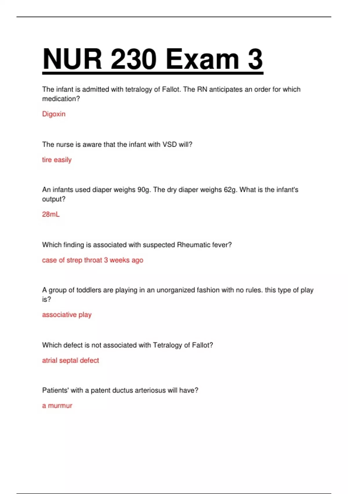 NUR 230 / NUR230 EXAM 3 FINAL EXAM. QUESTIONS AND ANSWERS - NUR 230 ...