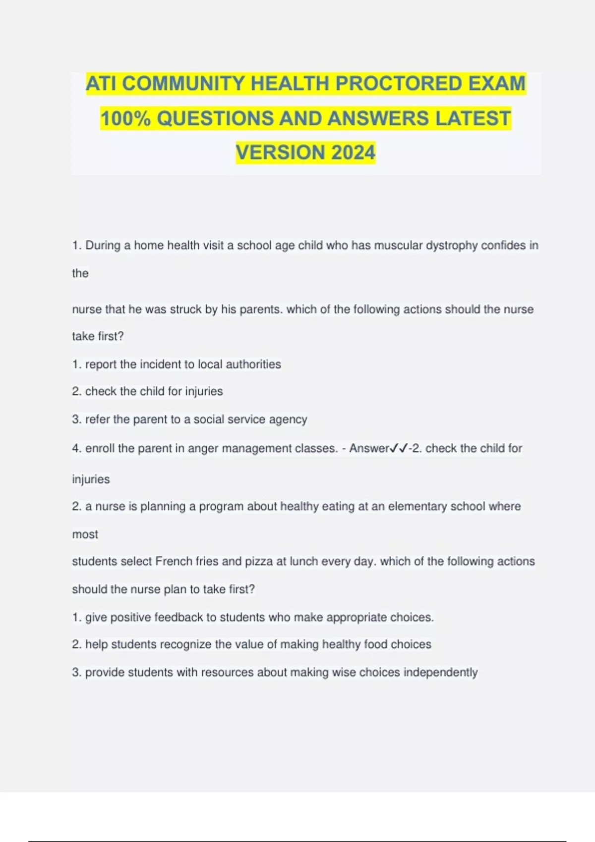 ATI COMMUNITY HEALTH PROCTORED EXAM 100 QUESTIONS AND ANSWERS LATEST VERSION 2024 ATI