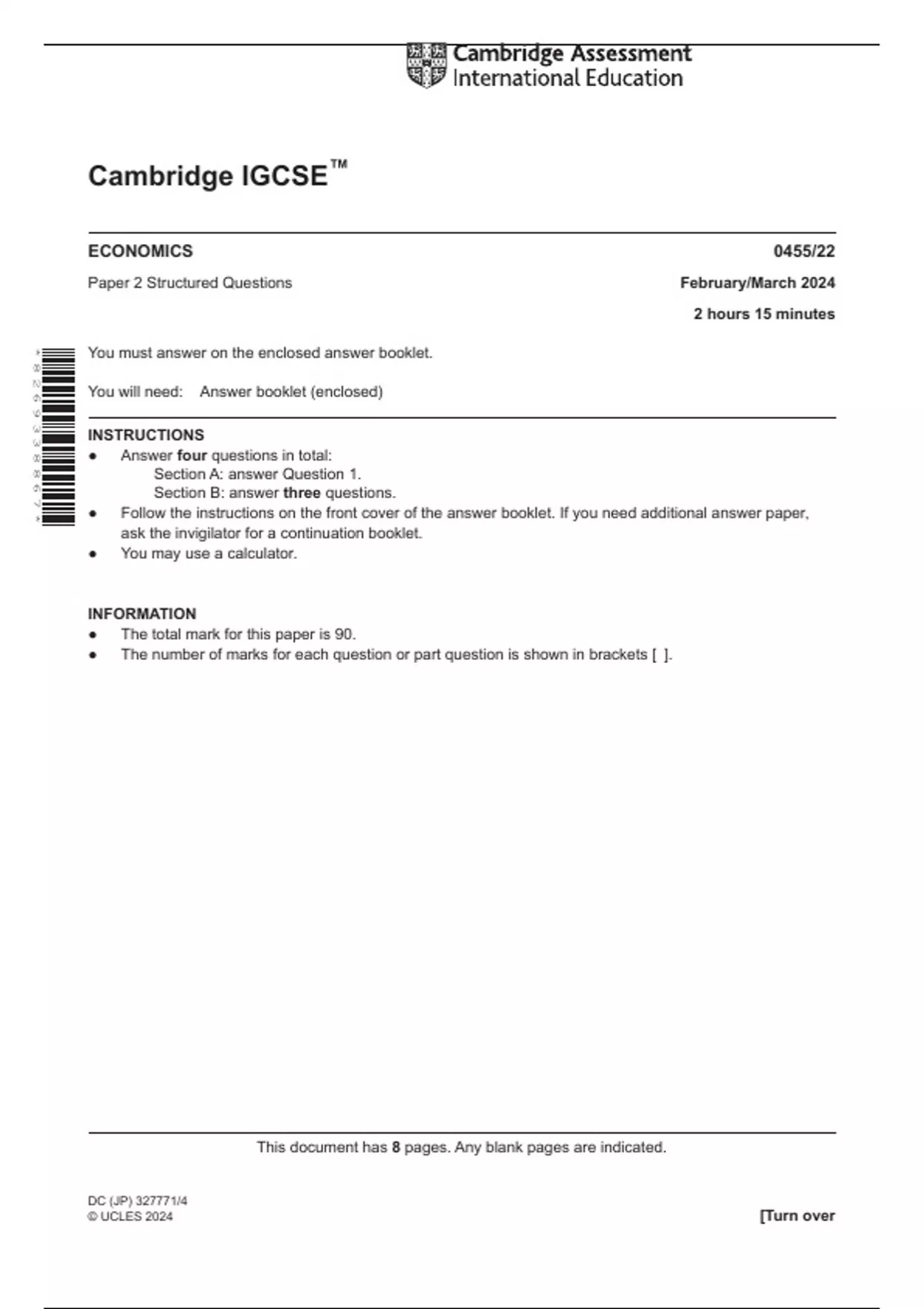 Test (elaborations) 0455 Cambridge IGCSE®Economics 2024 past paper+ ...