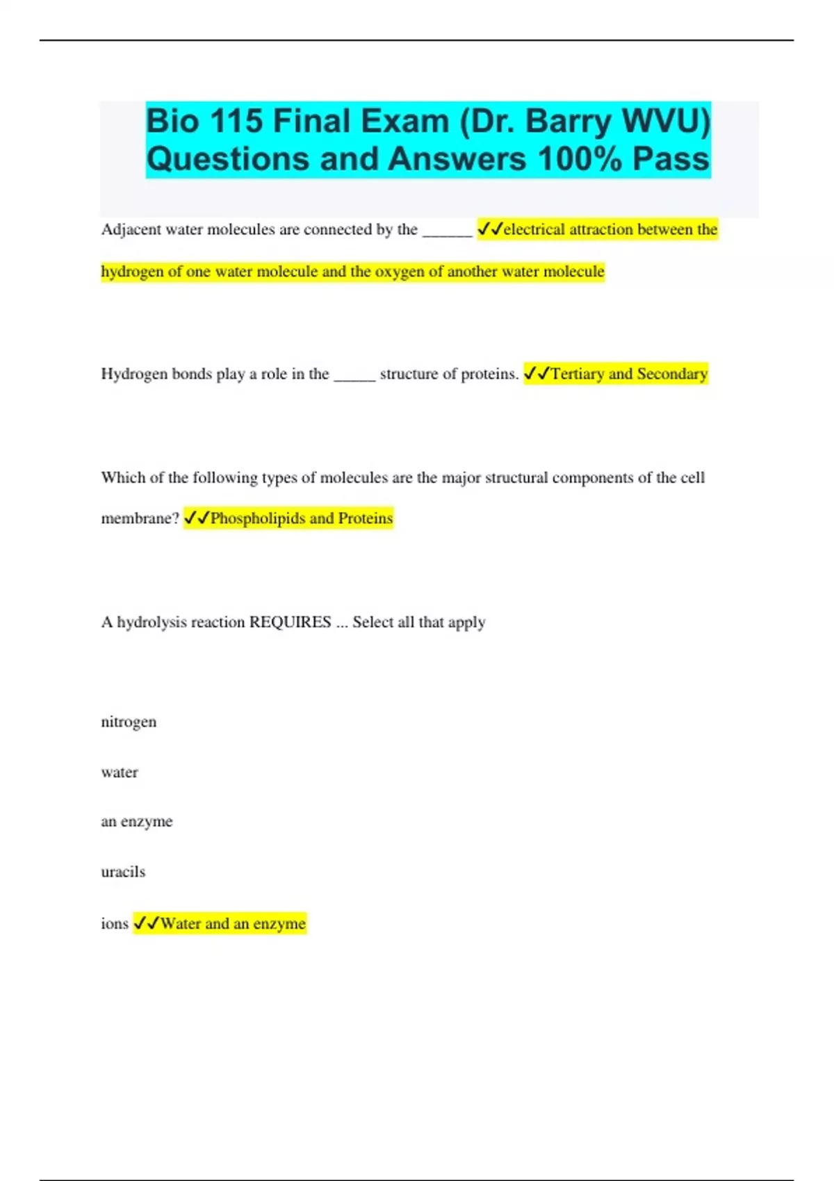 Bio 115 Final Exam (Dr. Barry WVU) Questions and Answers 100% Pass ...