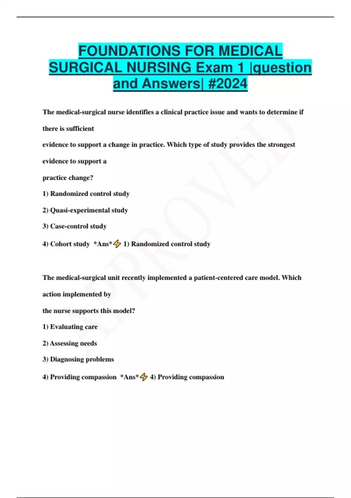 FOUNDATIONS FOR MEDICAL SURGICAL NURSING Exam 1 |question and Answers ...