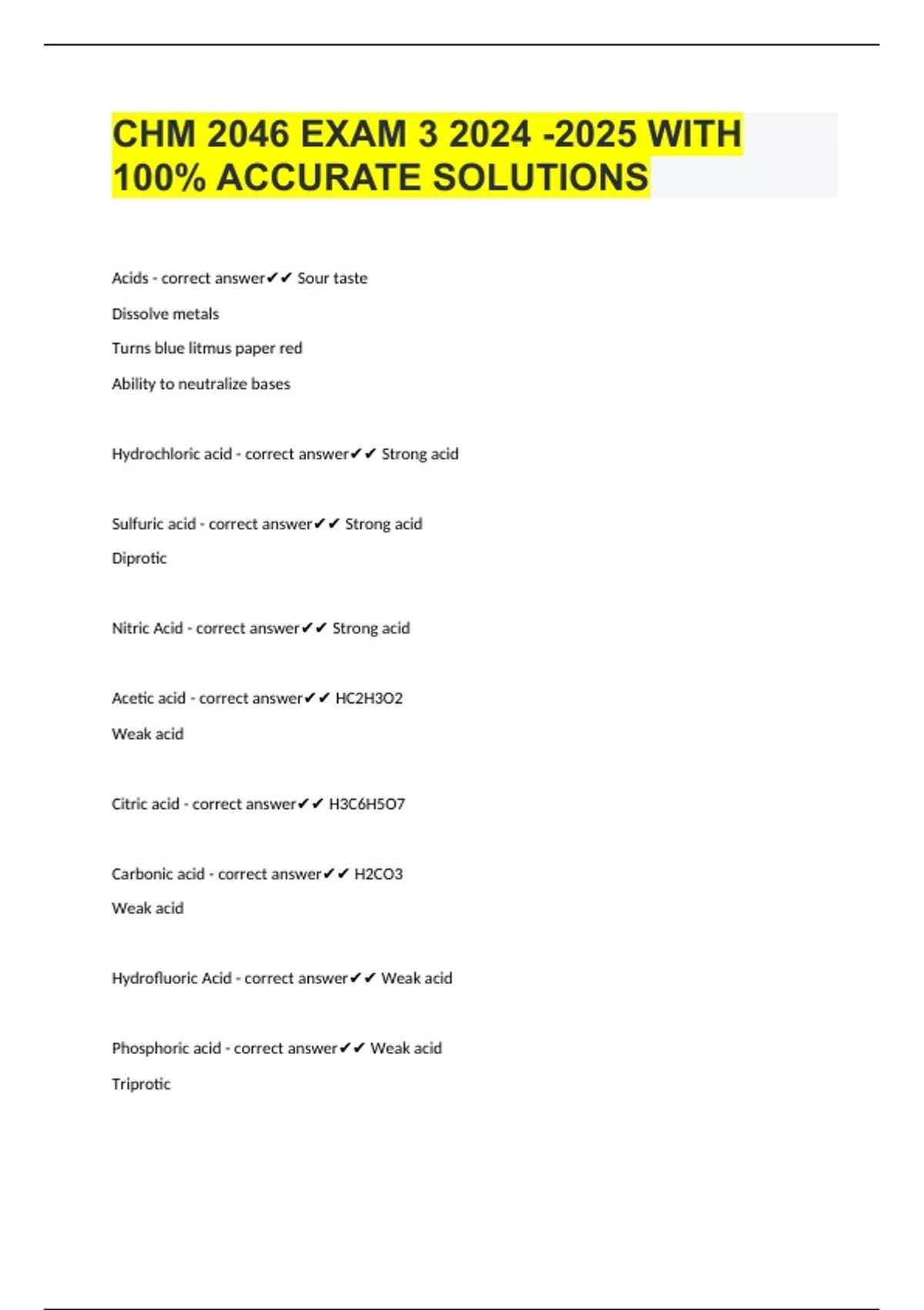 CHM 2046 EXAM WITH 100% ACCURATE SOLUTIONS - CHM 2046 - Stuvia US