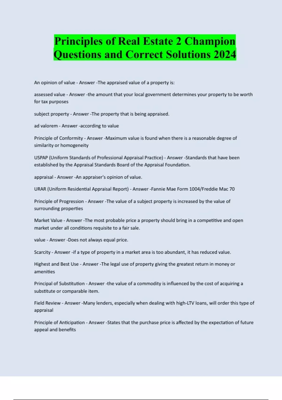 Principles of Real Estate 2 Champion Questions and Correct Solutions