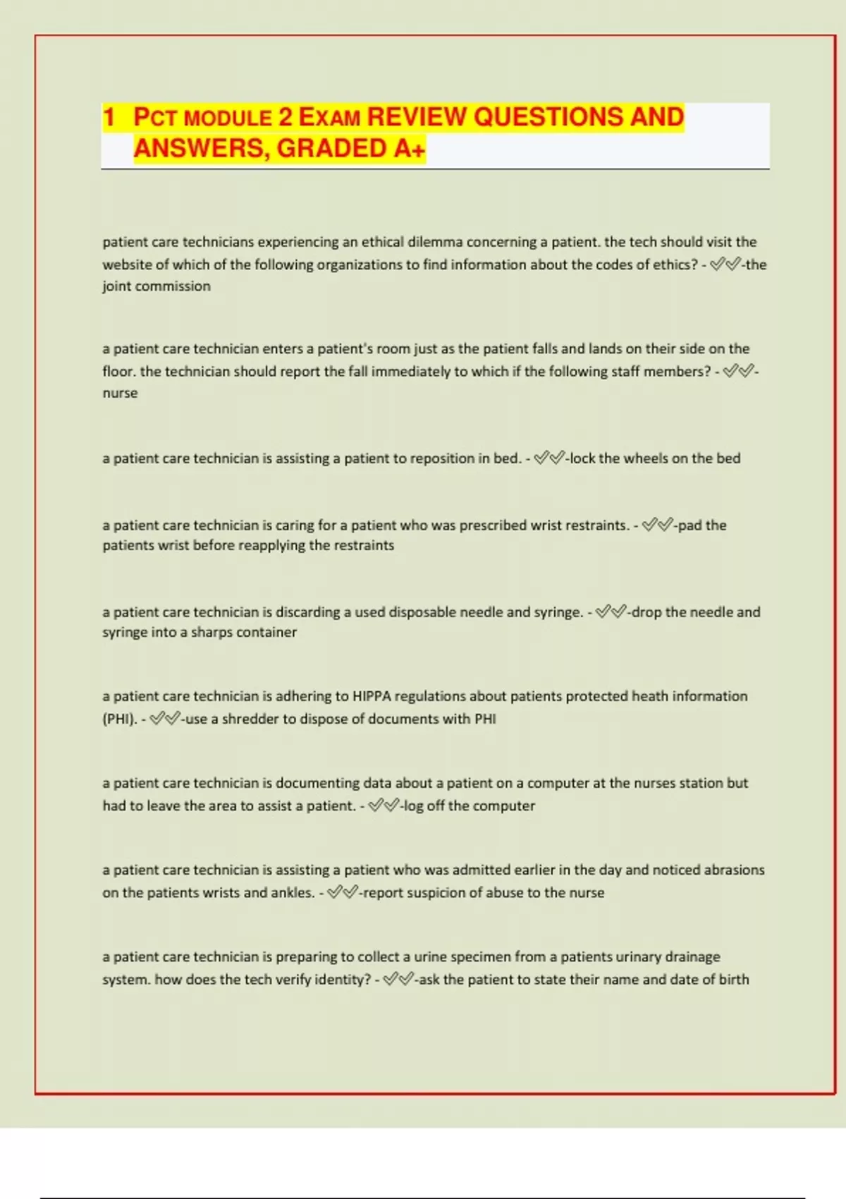 Pct Chapter 2 PCT MODULE 2 EXAM REVIEW QUESTIONS AND ANSWERS, GRADED A+ - PCT ...