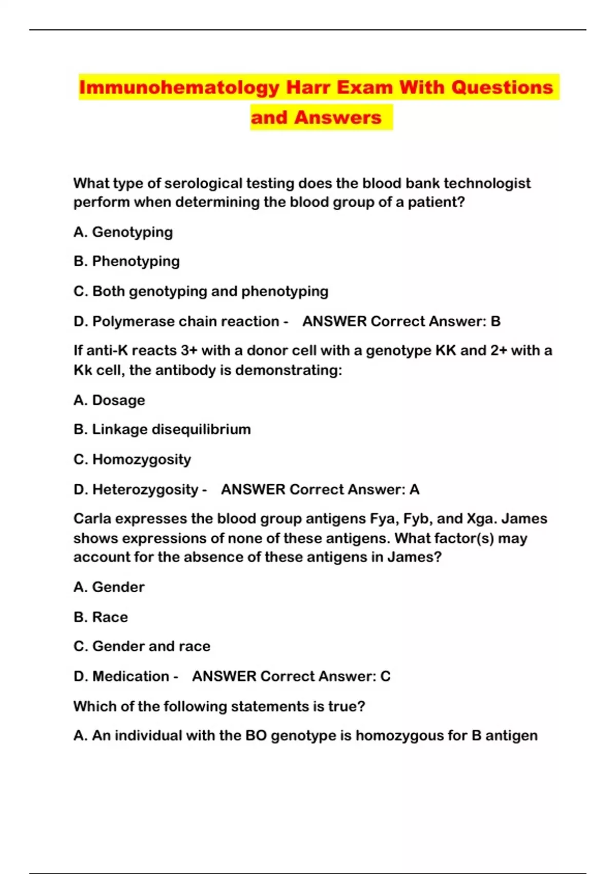 Immunohematology Harr Exam With Questions and Answers - Immunohematology Harr - Stuvia US
