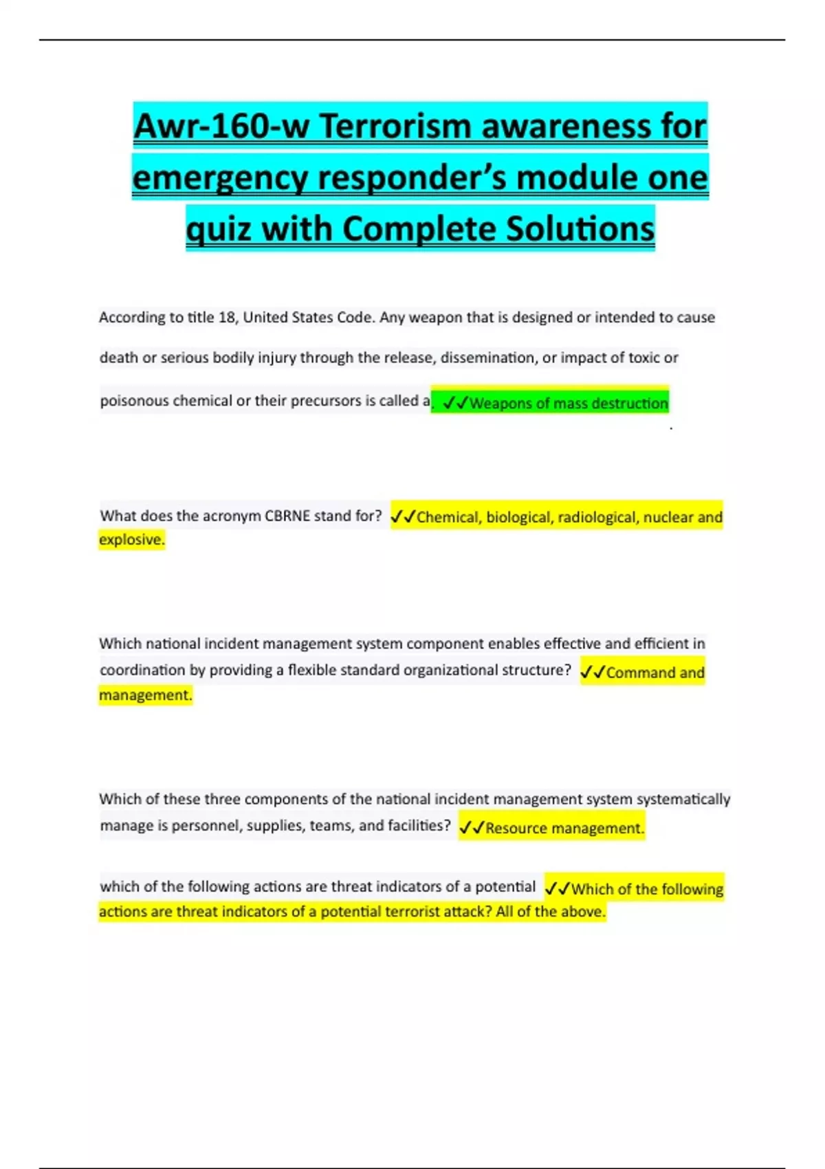 Awr-160-w Terrorism awareness for emergency responder's module one quiz ...