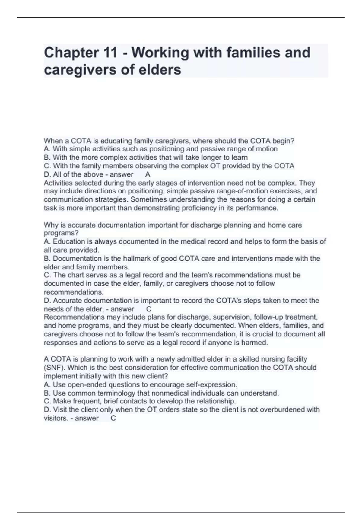Chapter 11 - Working with families and caregivers of elders Questions ...