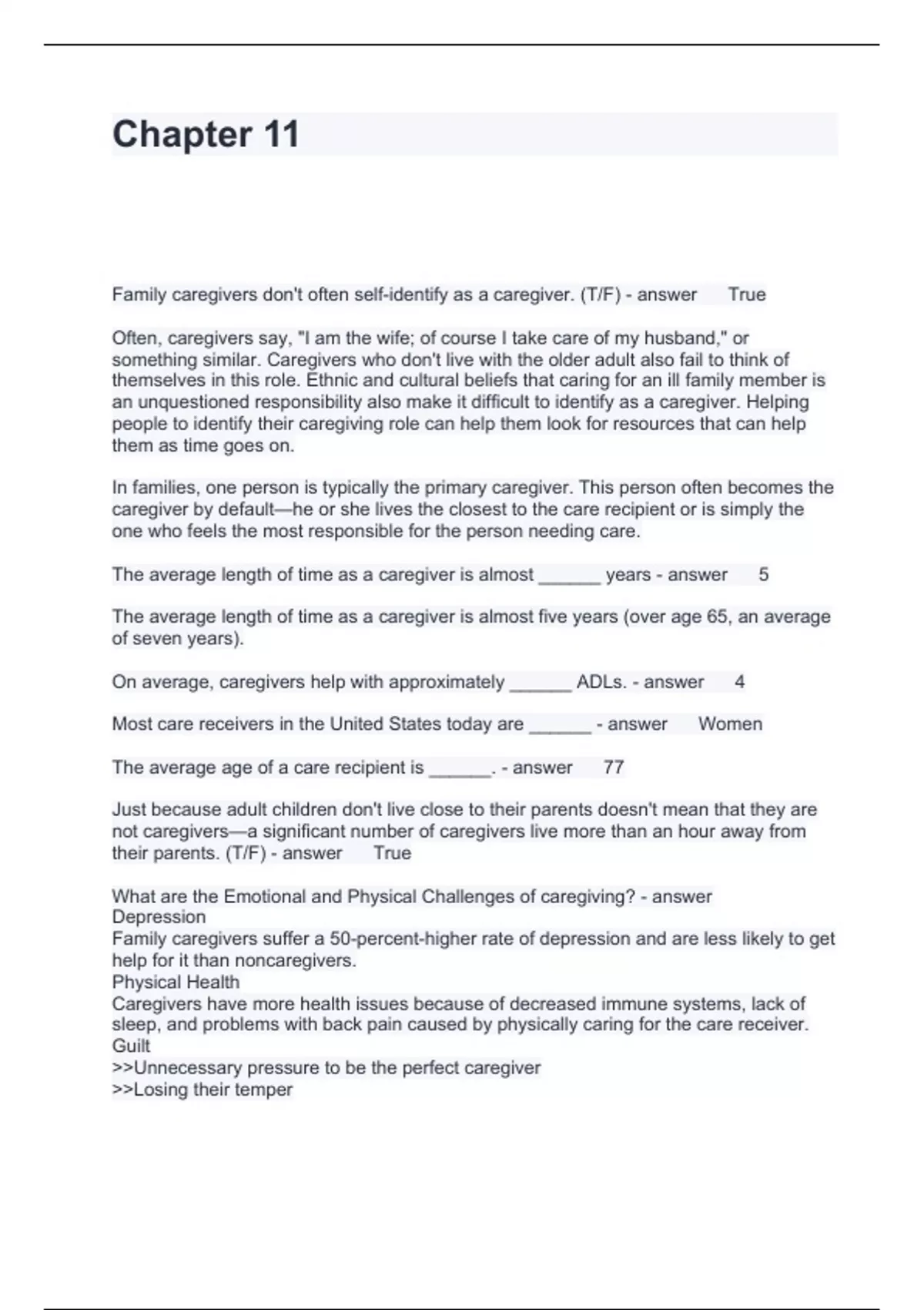 Chapter 11 Questions with correct Answers 2024 - Caregiver - Stuvia US