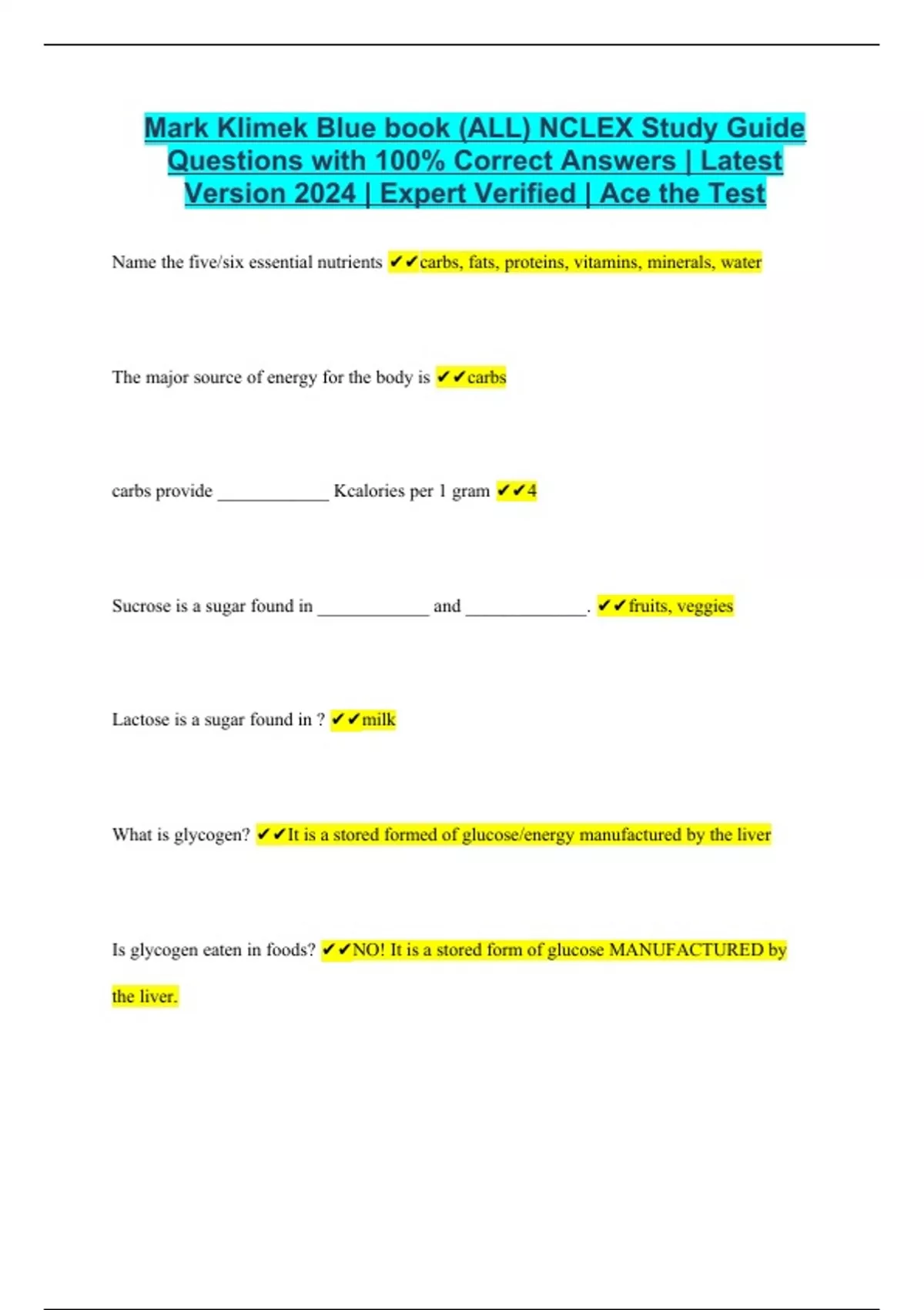 Mark Klimek Blue book (ALL) NCLEX Study Guide Questions with 100% ...