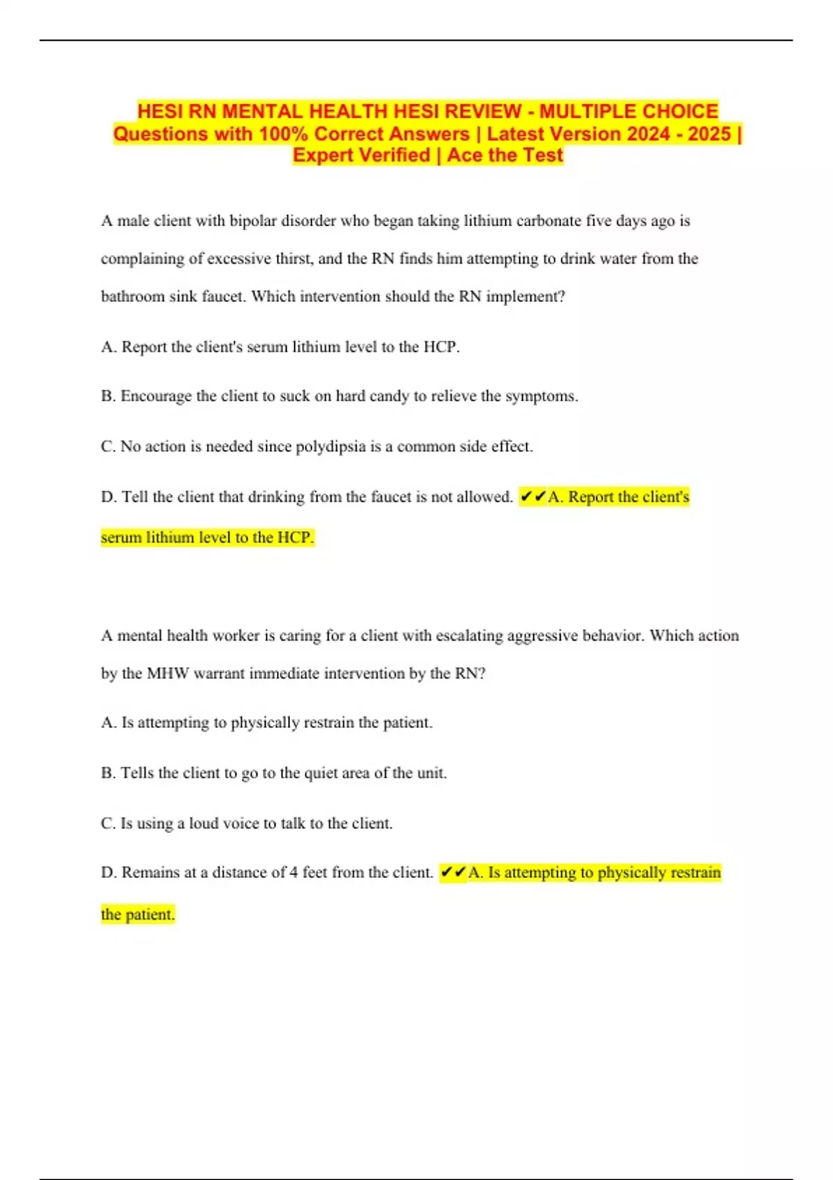 HESI RN MENTAL HEALTH HESI REVIEW - MULTIPLE CHOICE Questions with 100% ...