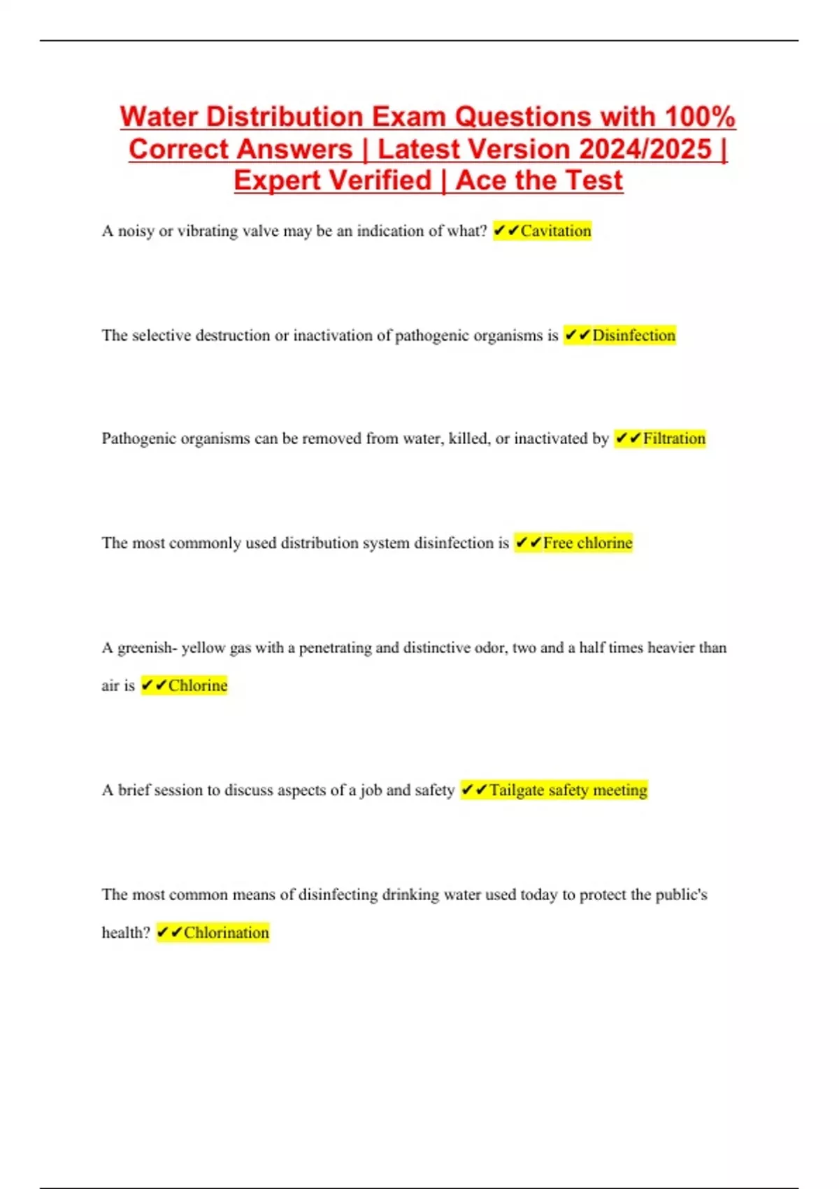 Water Distribution Exam Questions with 100 Correct Answers Latest