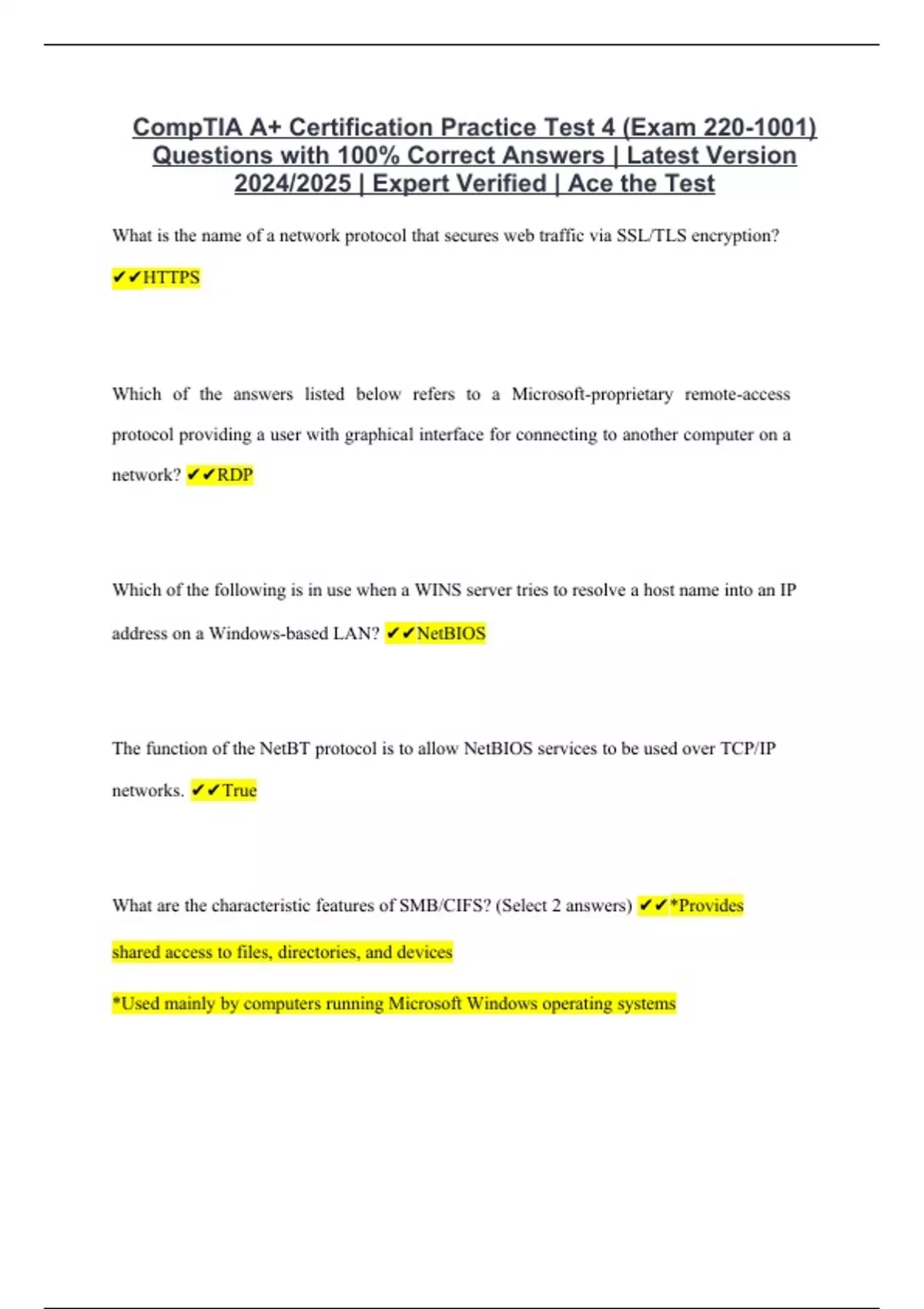 CompTIA A+ Certification Practice Test 4 (Exam 220-1001) Questions with ...