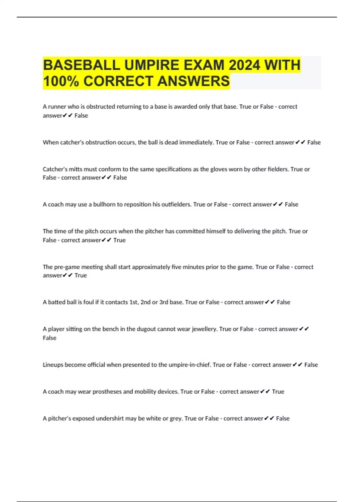 BASEBALL UMPIRE EXAM 2024 WITH 100 CORRECT ANSWERS BASEBALL UMPIRE