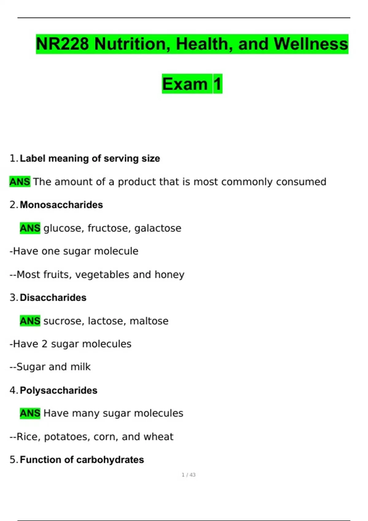 NR228 Nutrition, Health, and Wellness Exam 1 Questions and Answers ...