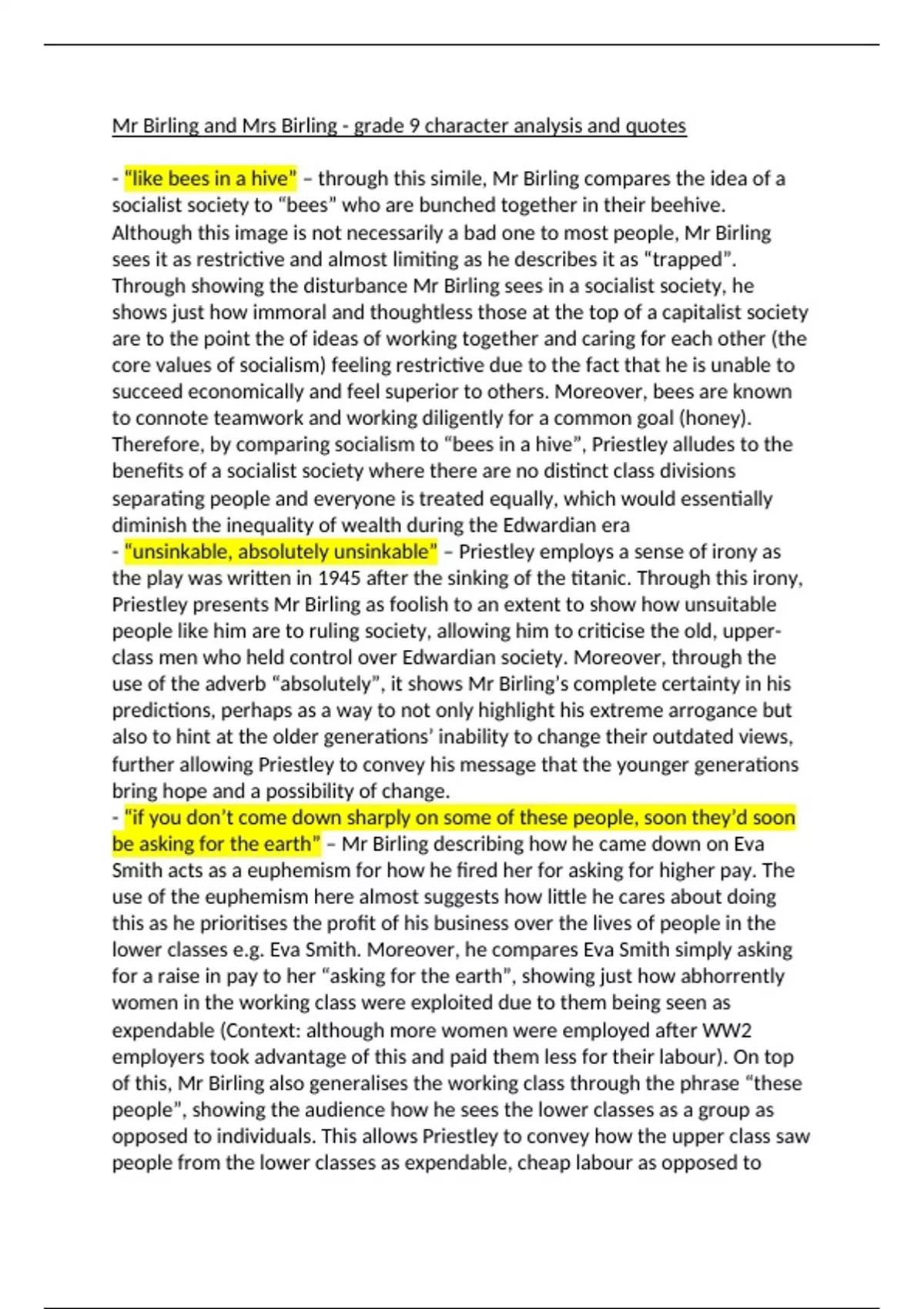 AQA GCSE An Inspector Calls Mr Birling and Mrs Birling Grade 9