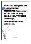 ETP3702 Assignment 6 (COMPLETE ANSWERS) Semester 1 2024 - DUE 28 May 2024 Course Entrepreneurship IIIB (ETP3702) Institution University Of South Africa (Unisa) Book Entrepreneurship