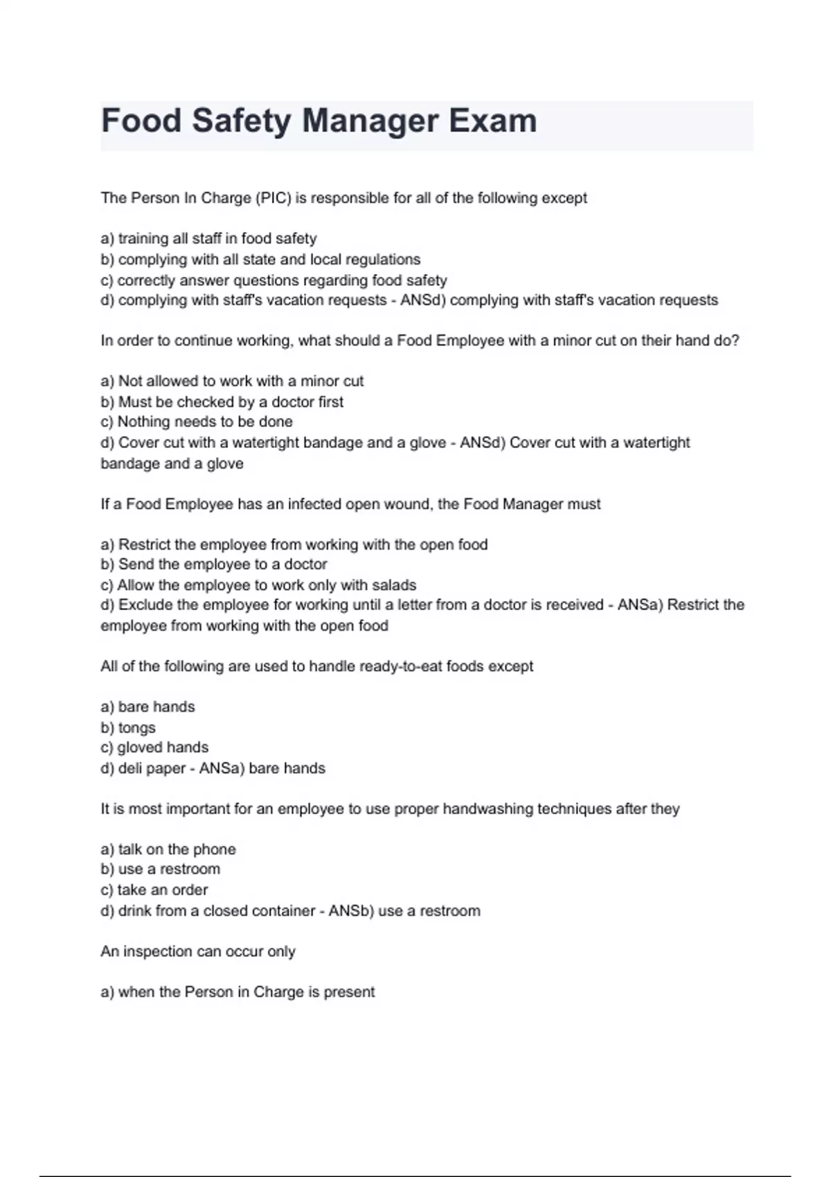 Food Safety Manager Exam questions and answers REVISED AND UPDATED FOR ...