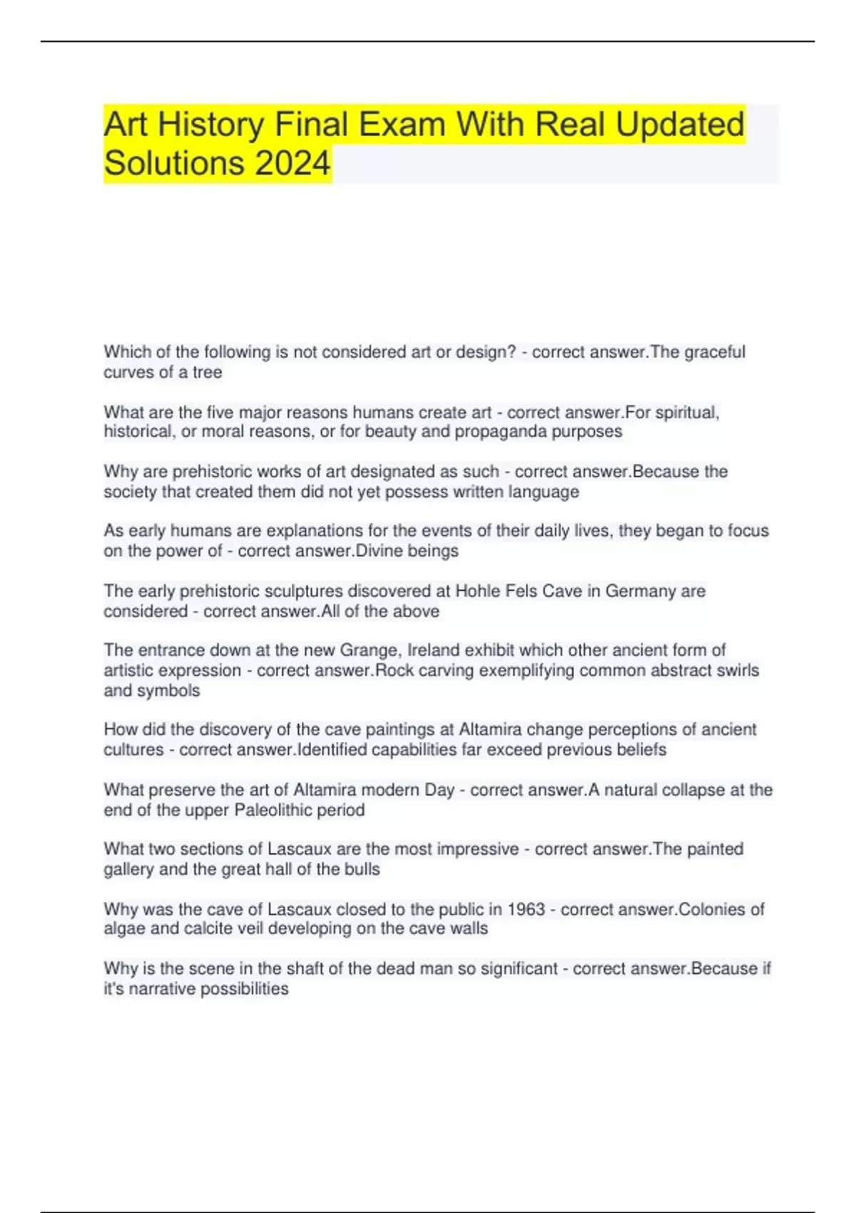 Art History Final Exam With Real Updated Solutions 2024 Art History