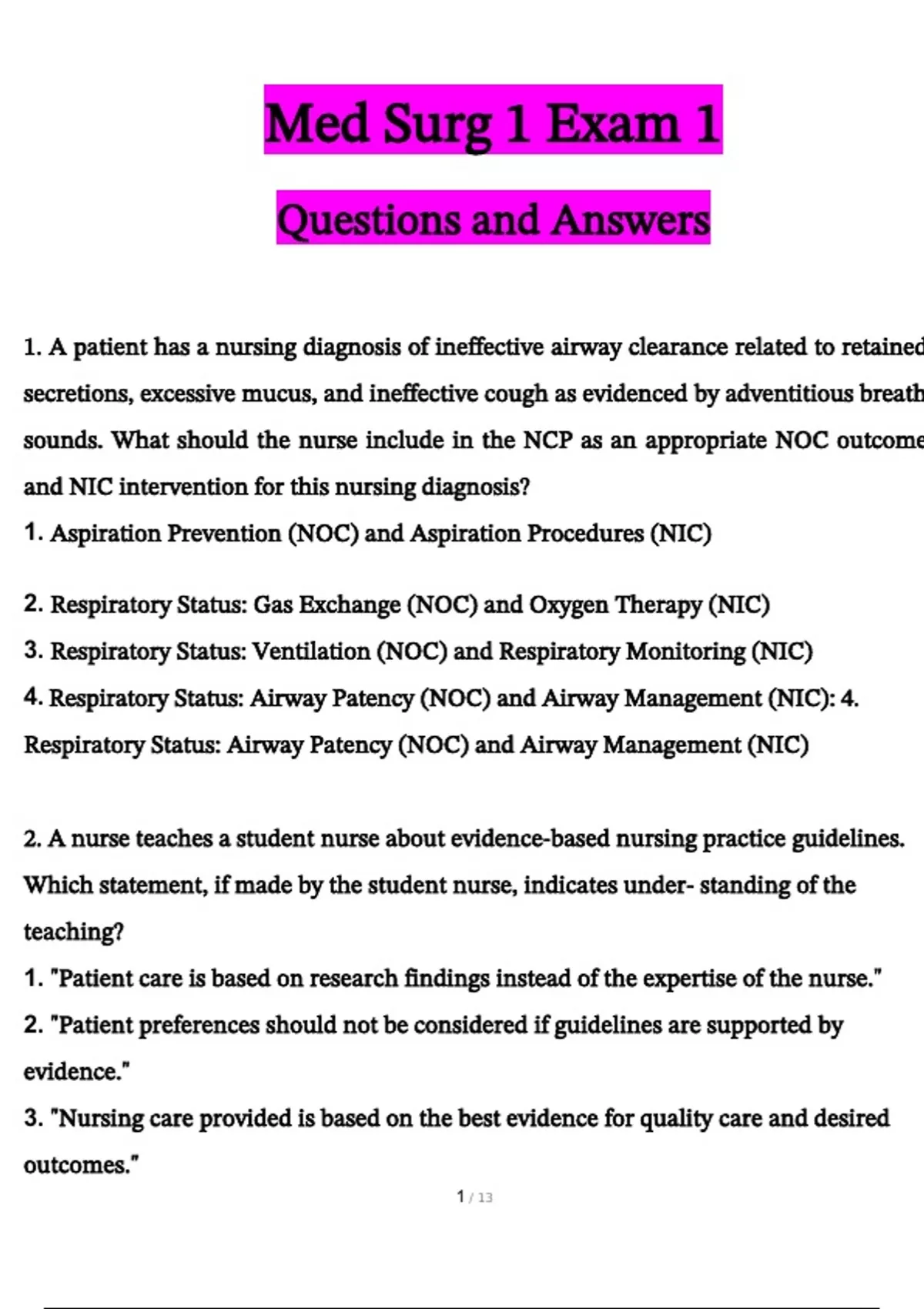 Med Surg 1 Exam 1 Questions and Answers 2024 / 2025 | 100% Verified ...