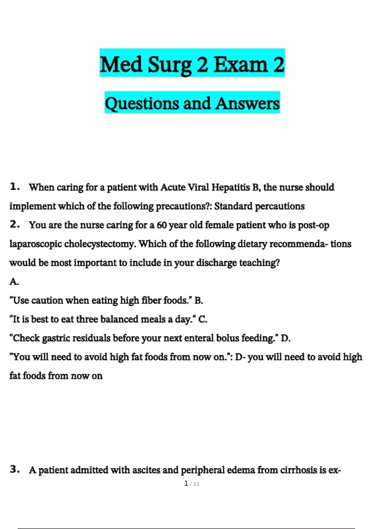 Med Surg 2 Exam 2 Questions and Answers 2024 / 2025 | 100% Verified ...