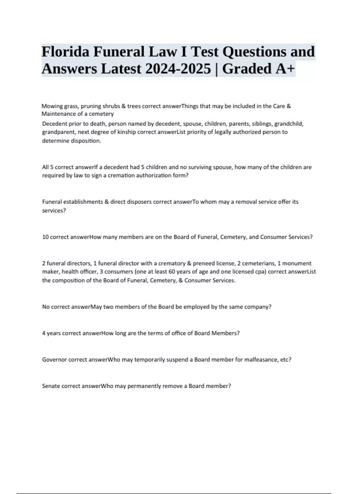 Florida Funeral Law I Test Questions With Verified Answers Latest