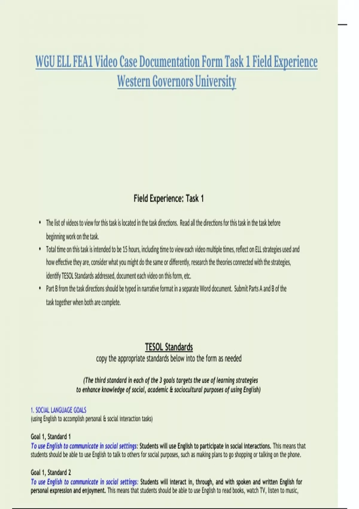 WGU ELL FEA1 Video Case Documentation Form Task 1 Field Experience