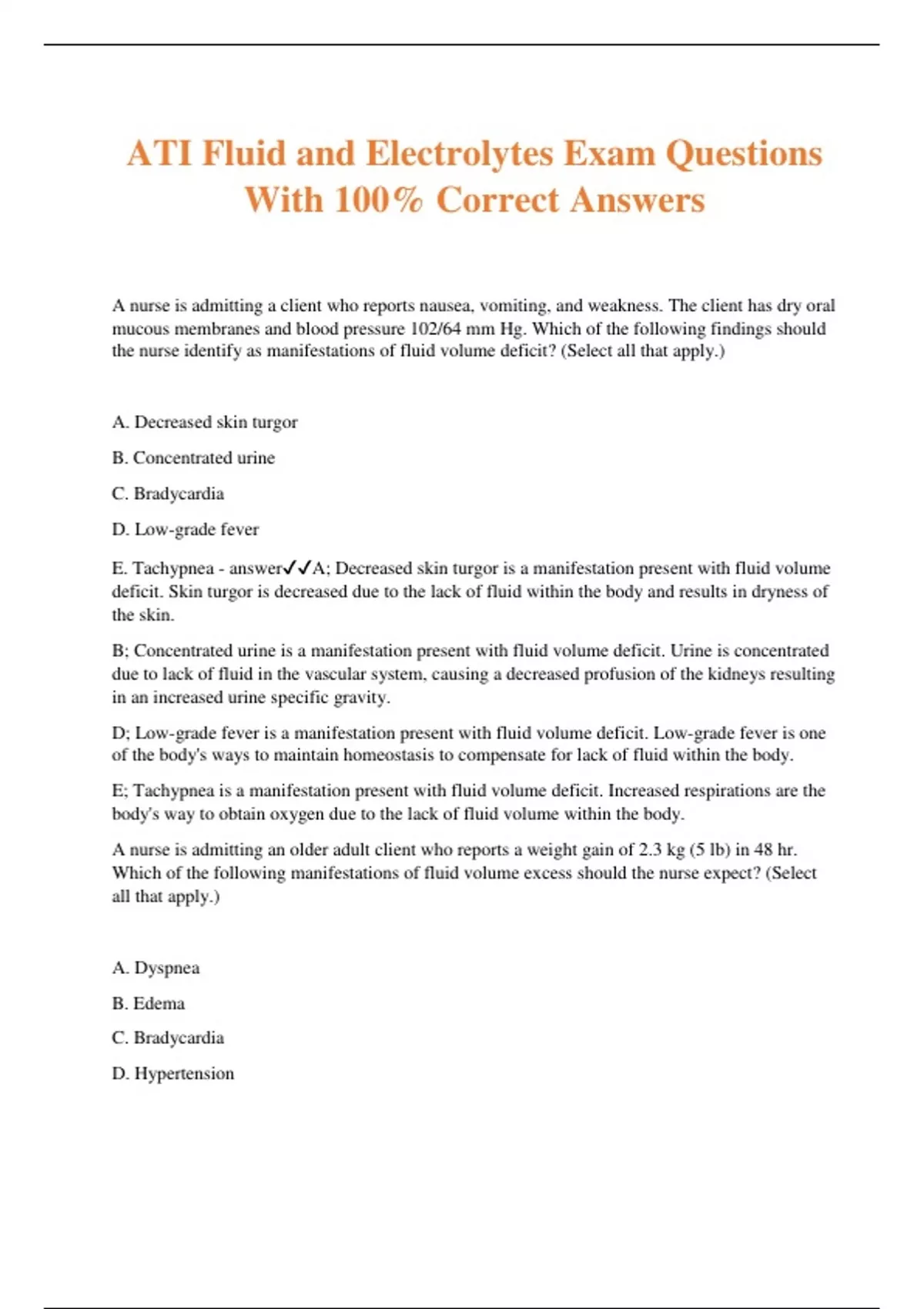 ATI Fluid and Electrolytes Exam Questions With 100% Correct Answers ...