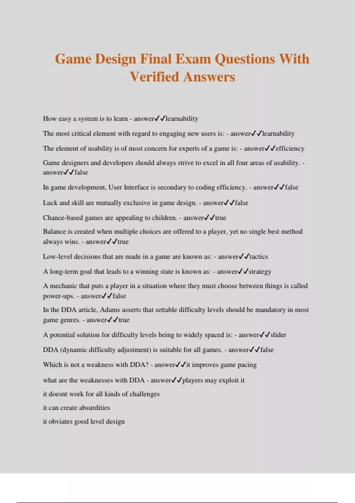 Game Design Final Exam Questions With Verified Answers - Game Design ...