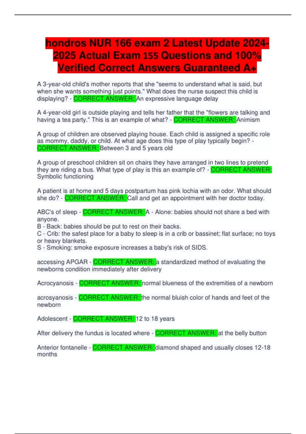 hondros NUR 166 exam 2 Latest Update Actual Exam 155 Questions and 100% ...