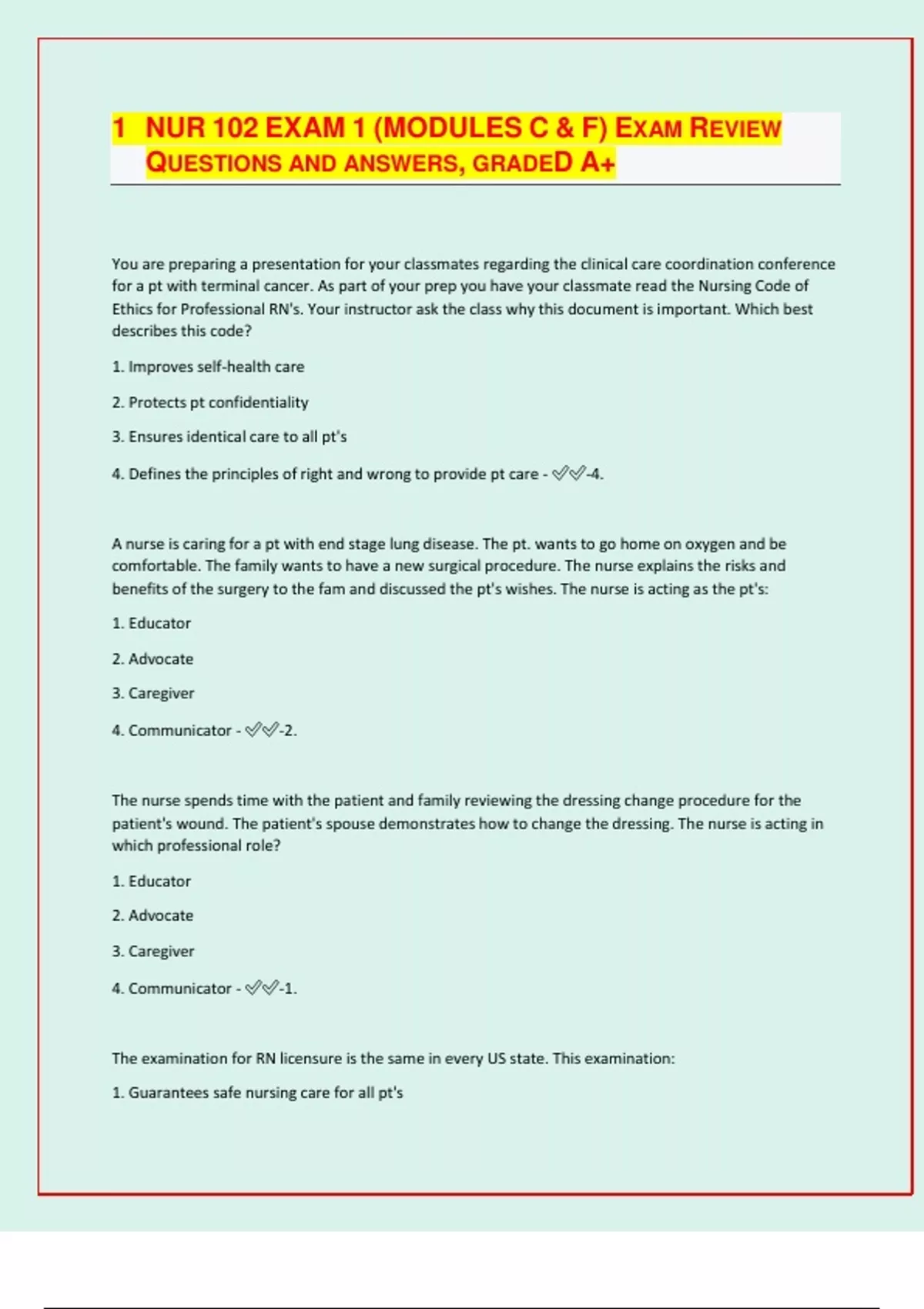 NUR 102 EXAM 1 (MODULES C & F) EXAM REVIEW QUESTIONS AND ANSWERS ...