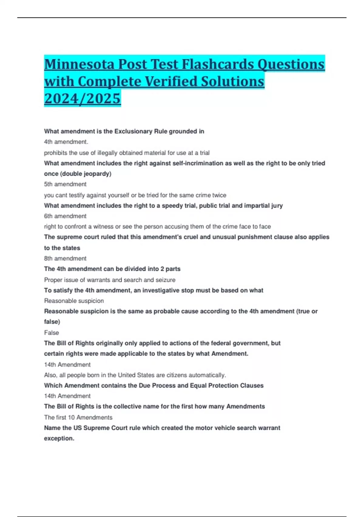 Minnesota Post Test Flashcards Questions with Complete Verified ...