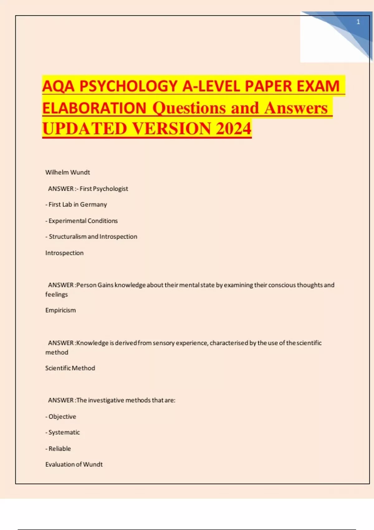AQA A LEVEL PSYCHOLOGY final Exam Questions and Answers Latest Updates ...