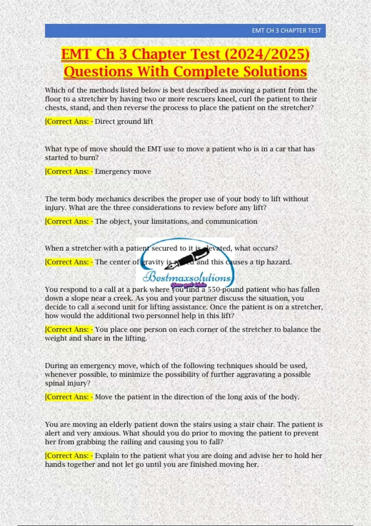 EMT Ch 3 Chapter Test (2024/2025) Questions With Complete Solutions ...