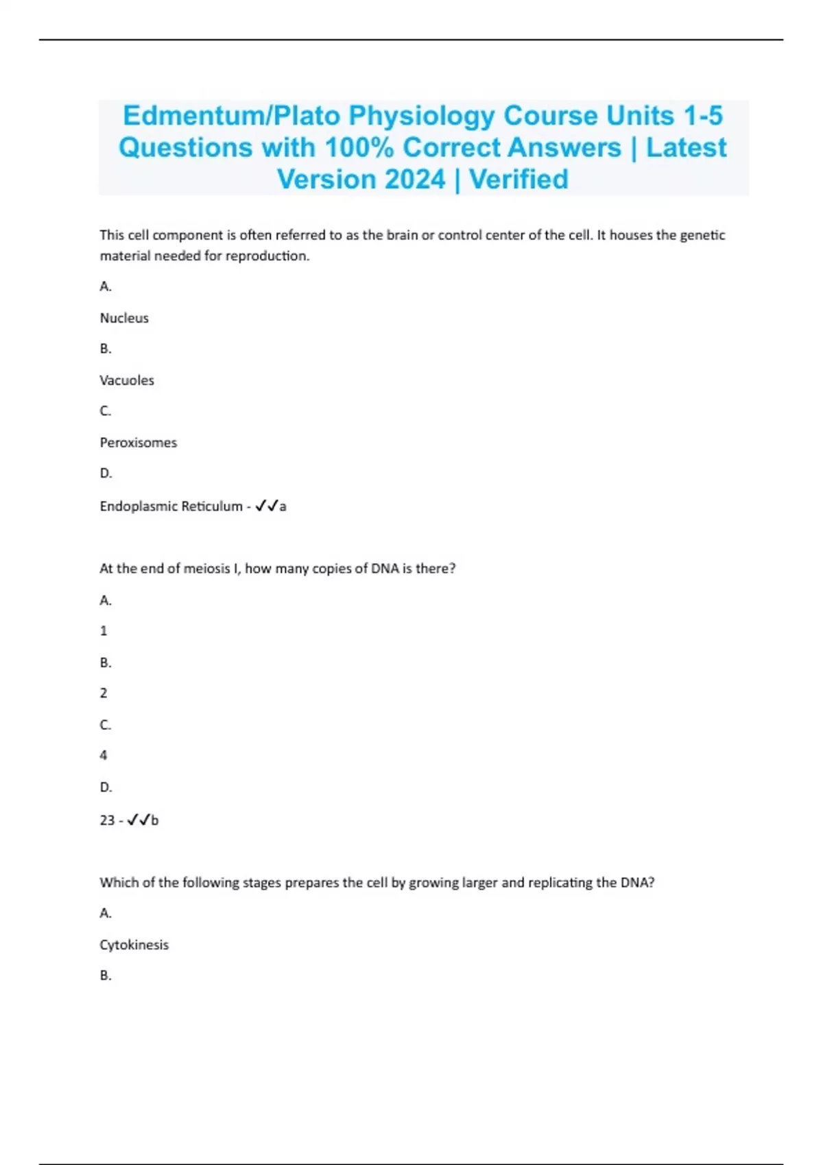 Edmentum/Plato Physiology Course Units 15 Questions with 100 Correct