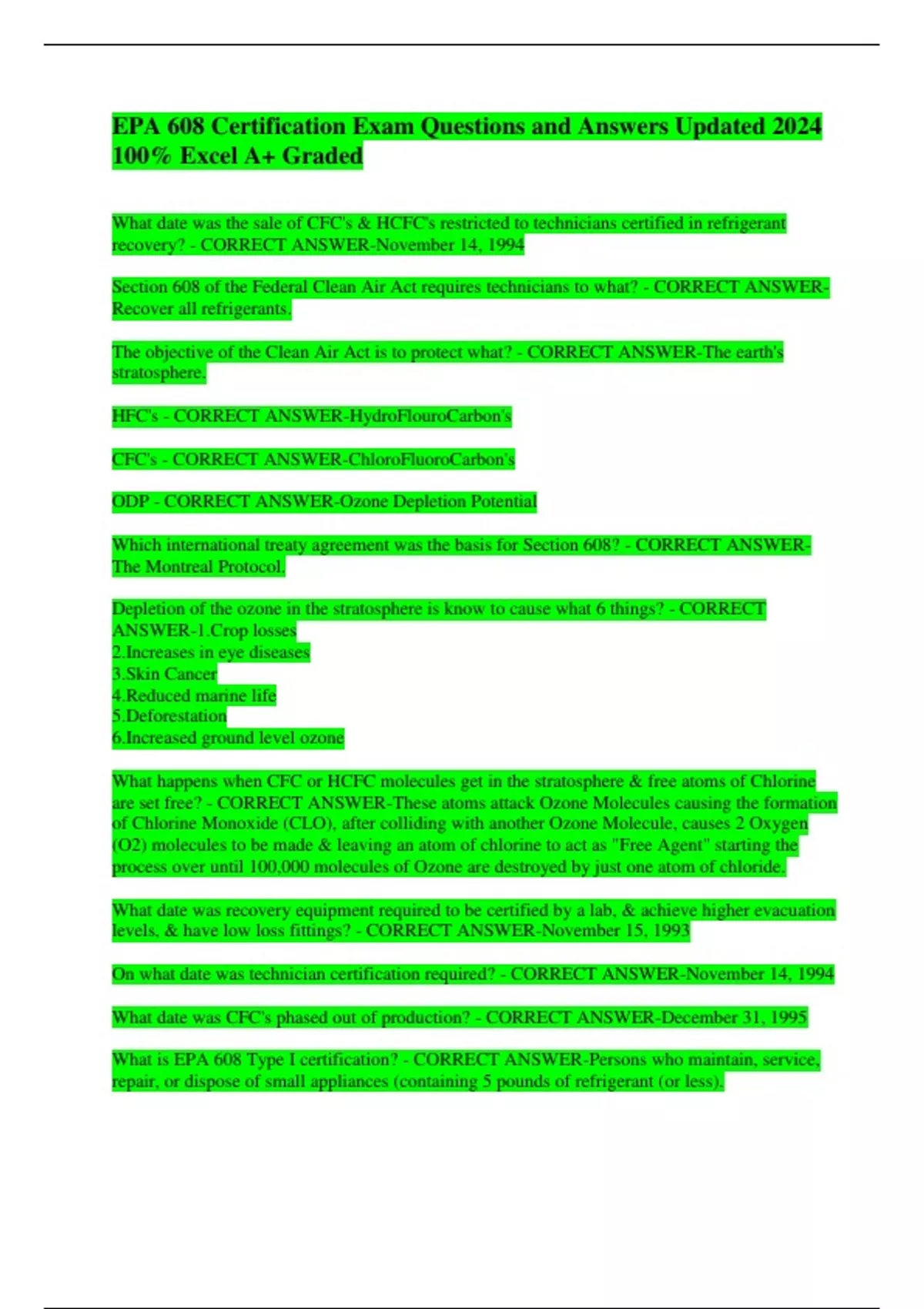 EPA 608 Certification Exam Questions and Answers Updated 2024 100% ...