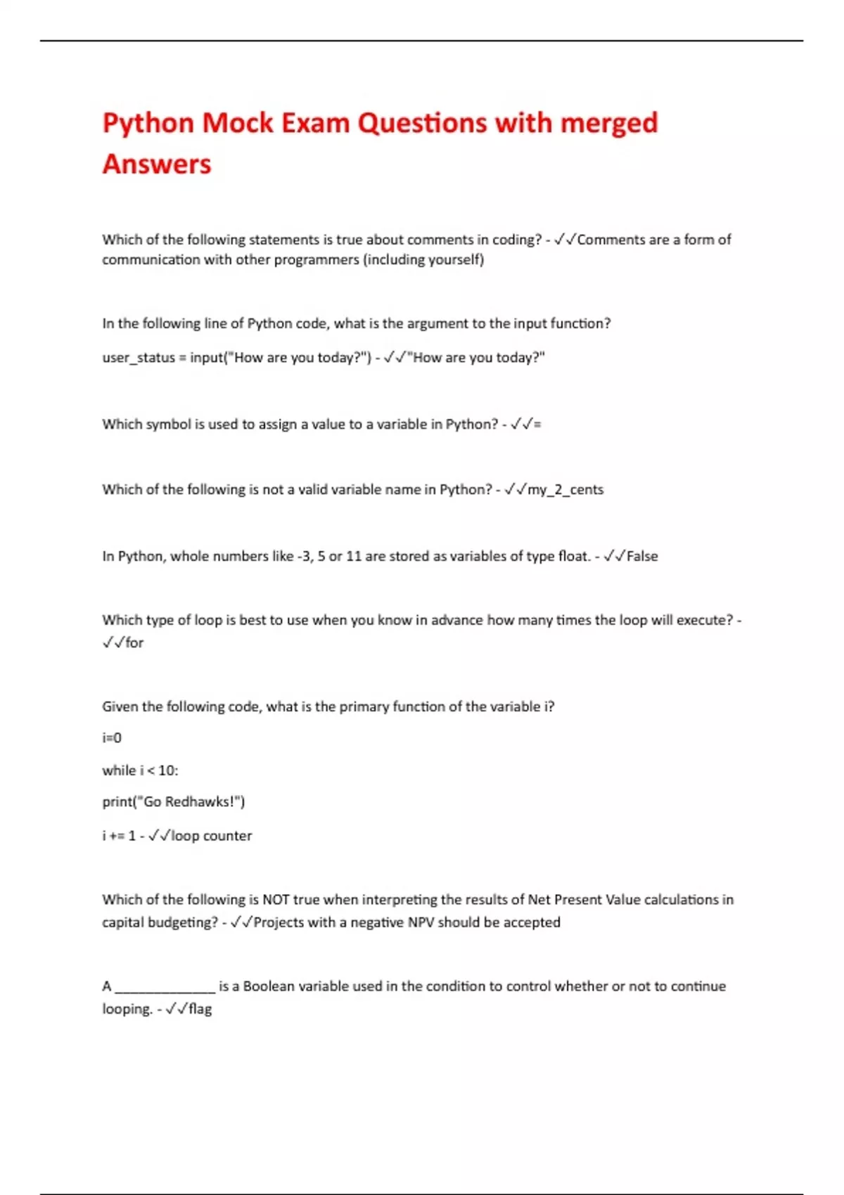Python Mock Exam Questions with merged Answers - Programming for python ...