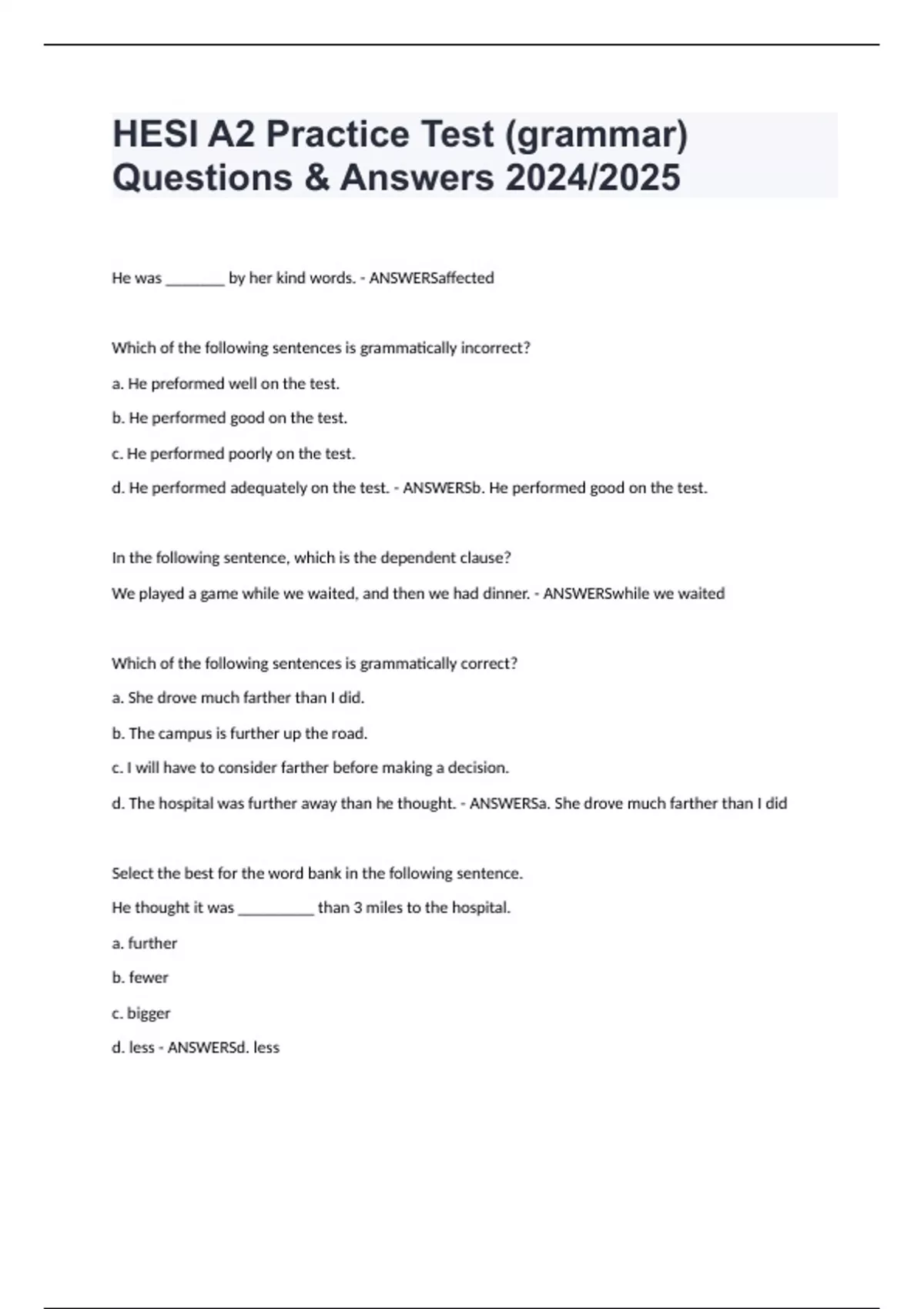 HESI A2 Practice Test (grammar) Questions & Answers 2024/2025 - HESI A2 ...