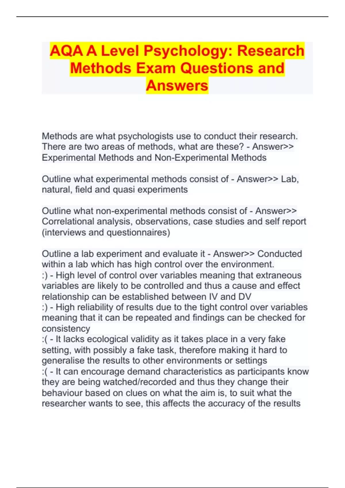 AQA A Level Psychology: Research Methods Exam Questions and Answers - A ...