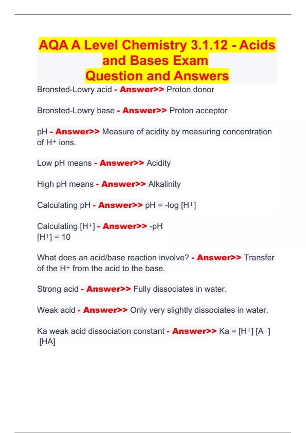 AQA A Level Chemistry 3.1.12 - Acids and Bases Exam Question and ...