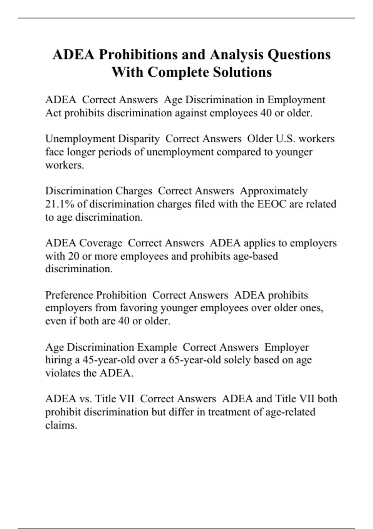 ADEA Prohibitions and Analysis Questions With Complete Solutions - ADEA ...