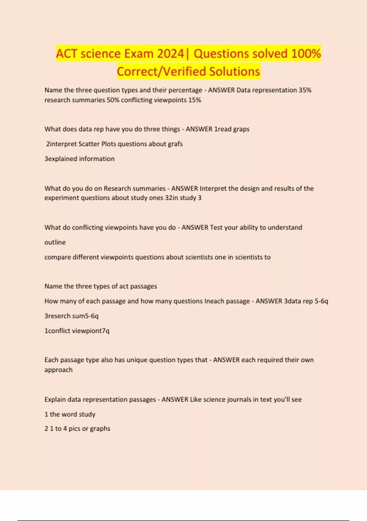 ACT science Exam 2024| Questions solved 100% Correct/Verified Solutions ...