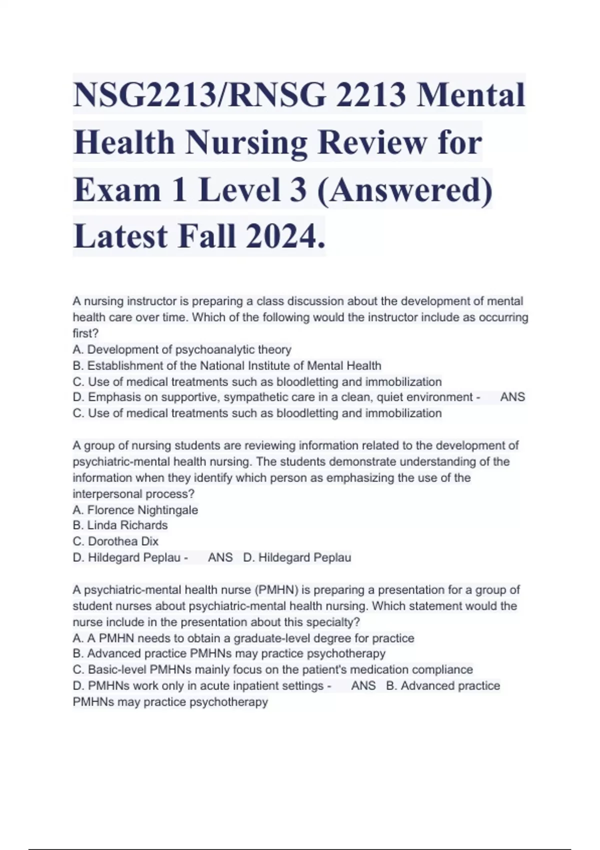 NSG2213/RNSG 2213 Mental Health Nursing Review for Exam 1 Level 3 ...
