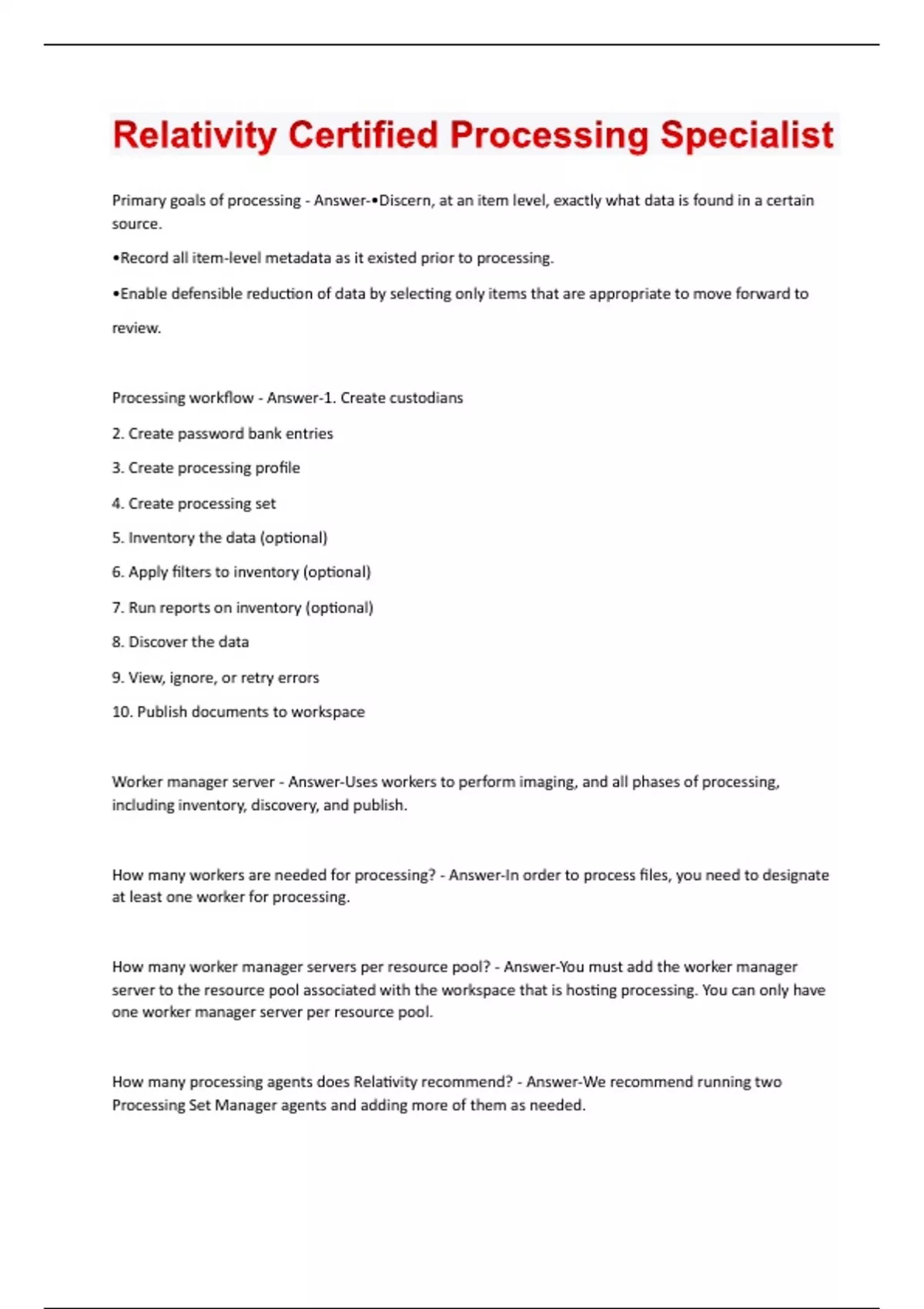 Relativity Certification Relativity Certified Processing Specialist questions and answers all ...