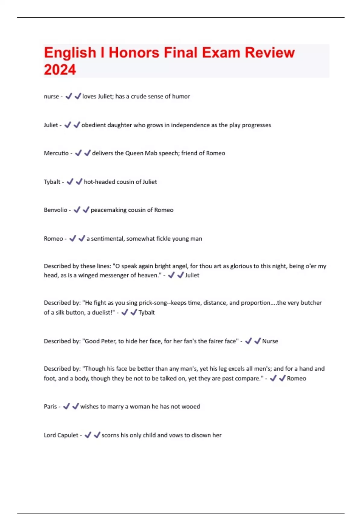English I Honors Final Exam Review 2024 Questions And Answers - English ...