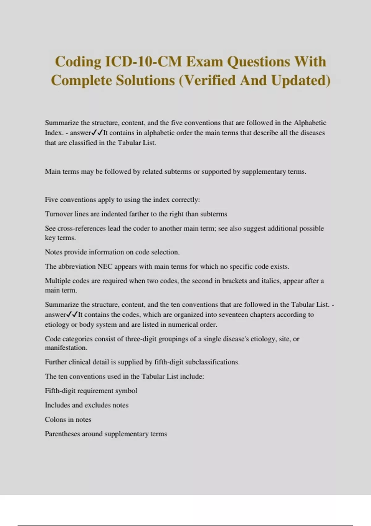 Coding ICD-10-CM Exam Questions With Complete Solutions (Verified And ...