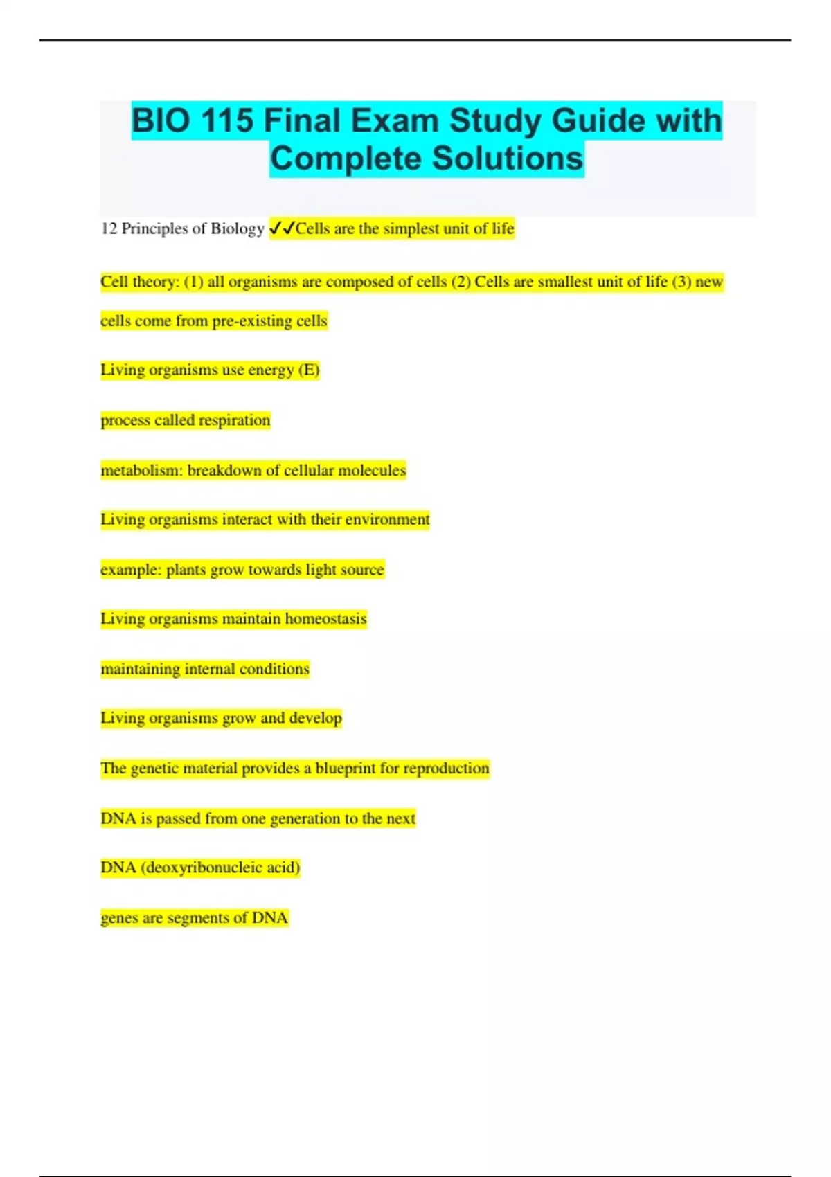 BIO 115 Final Exam Study Guide with Complete Solutions - BIO 115 ...