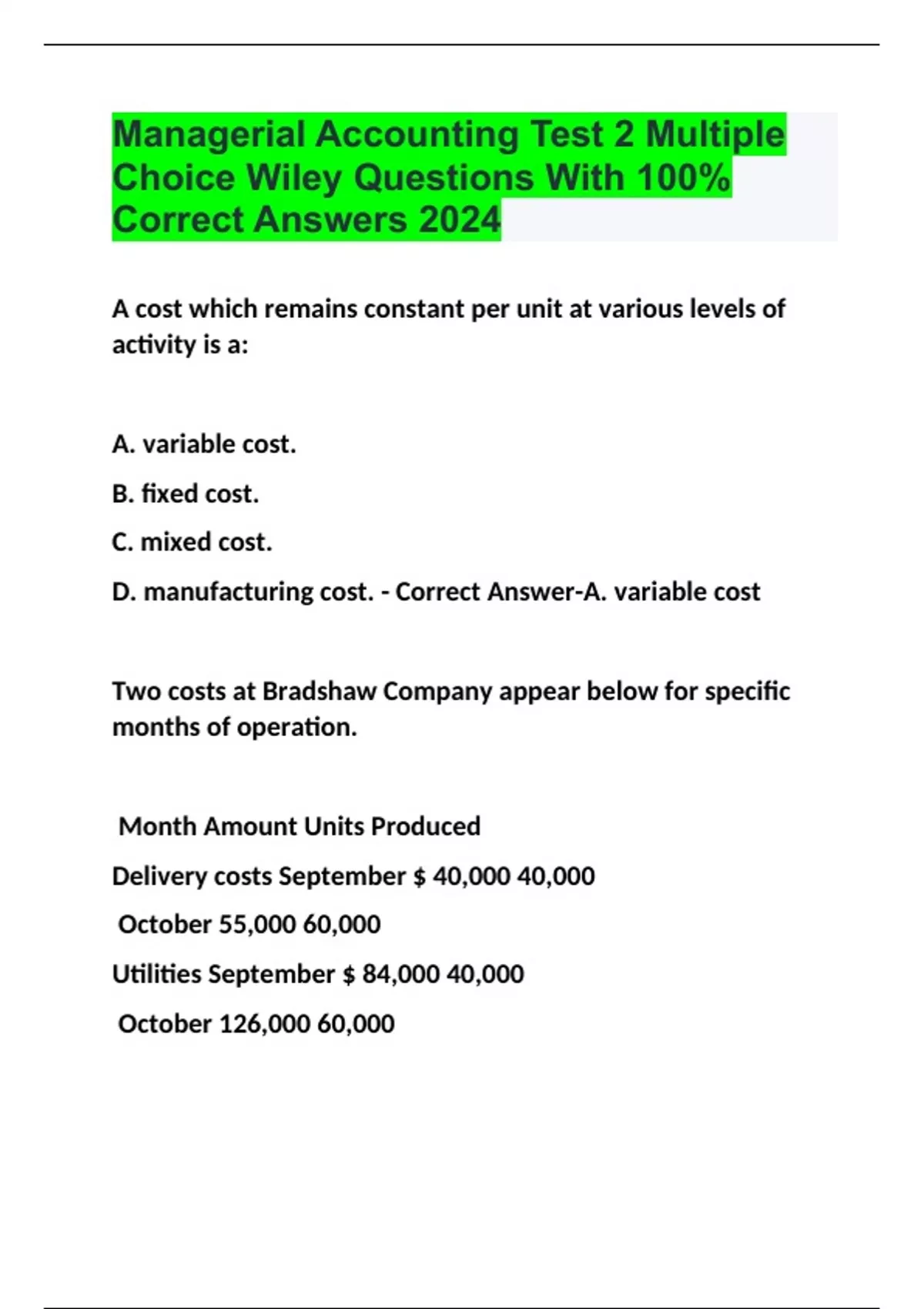 Managerial Accounting Test 2 Multiple Choice Wiley Questions With 100% ...
