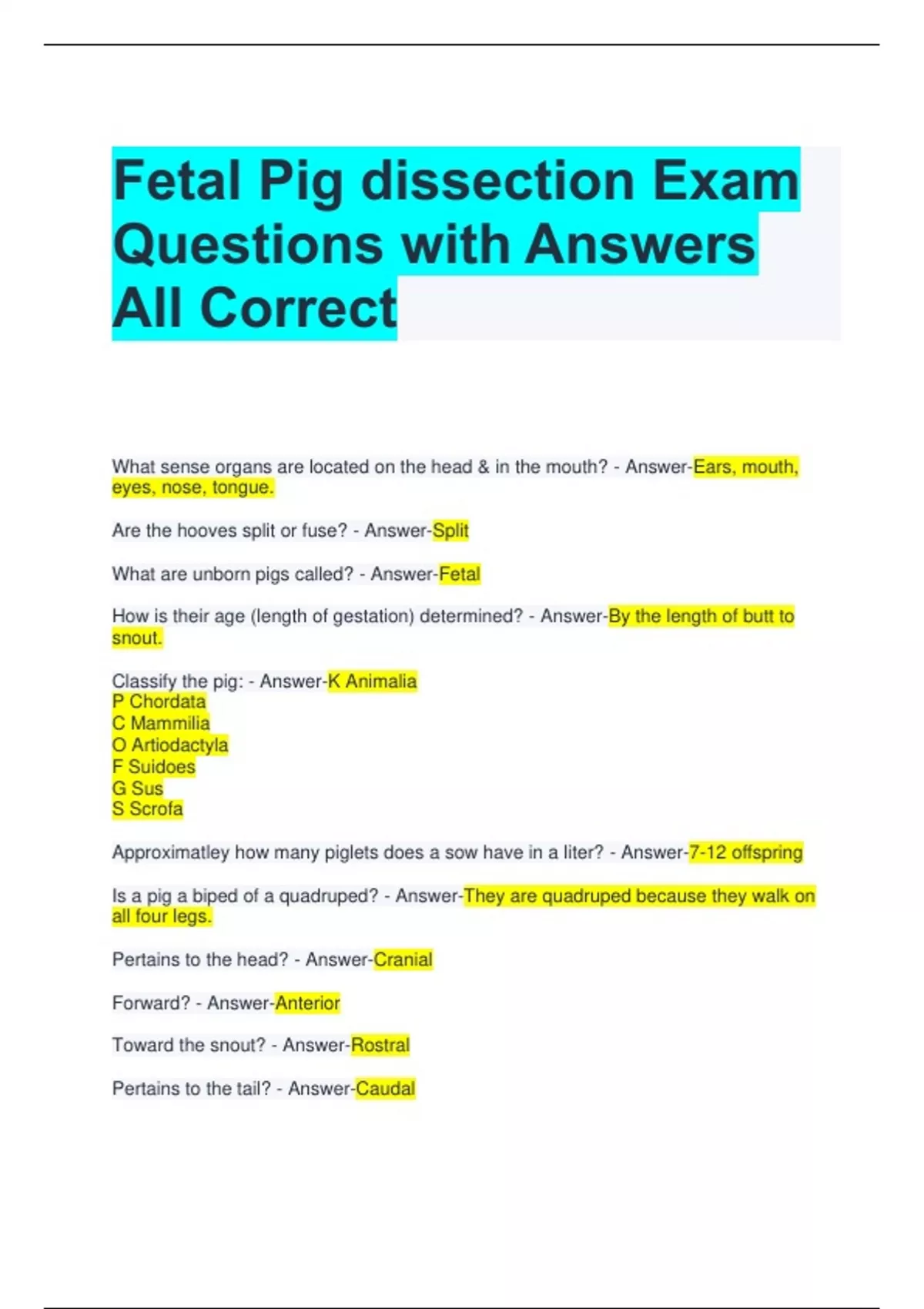 Fetal Pig dissection Exam Questions with Answers All Correct Fetal