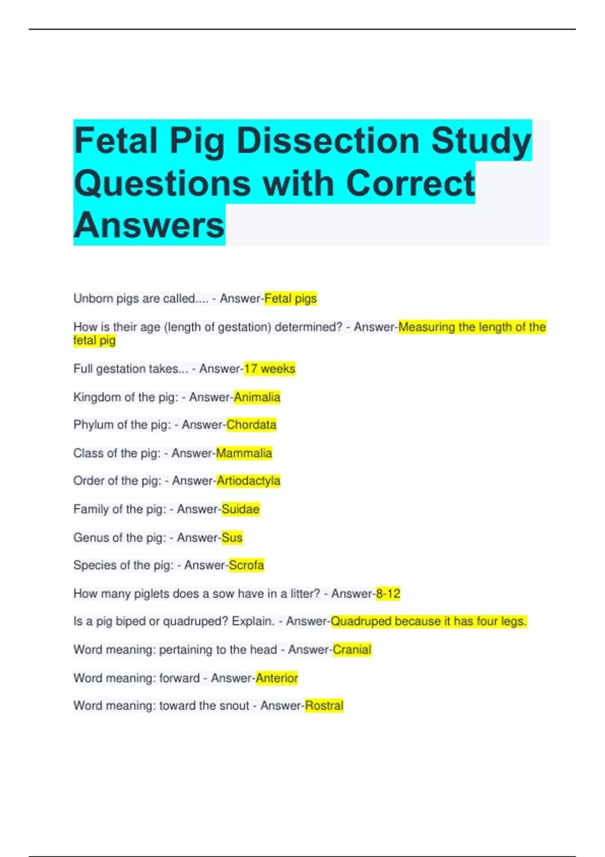 Fetal Pig Dissection Study Questions with Correct Answers Fetal Pig